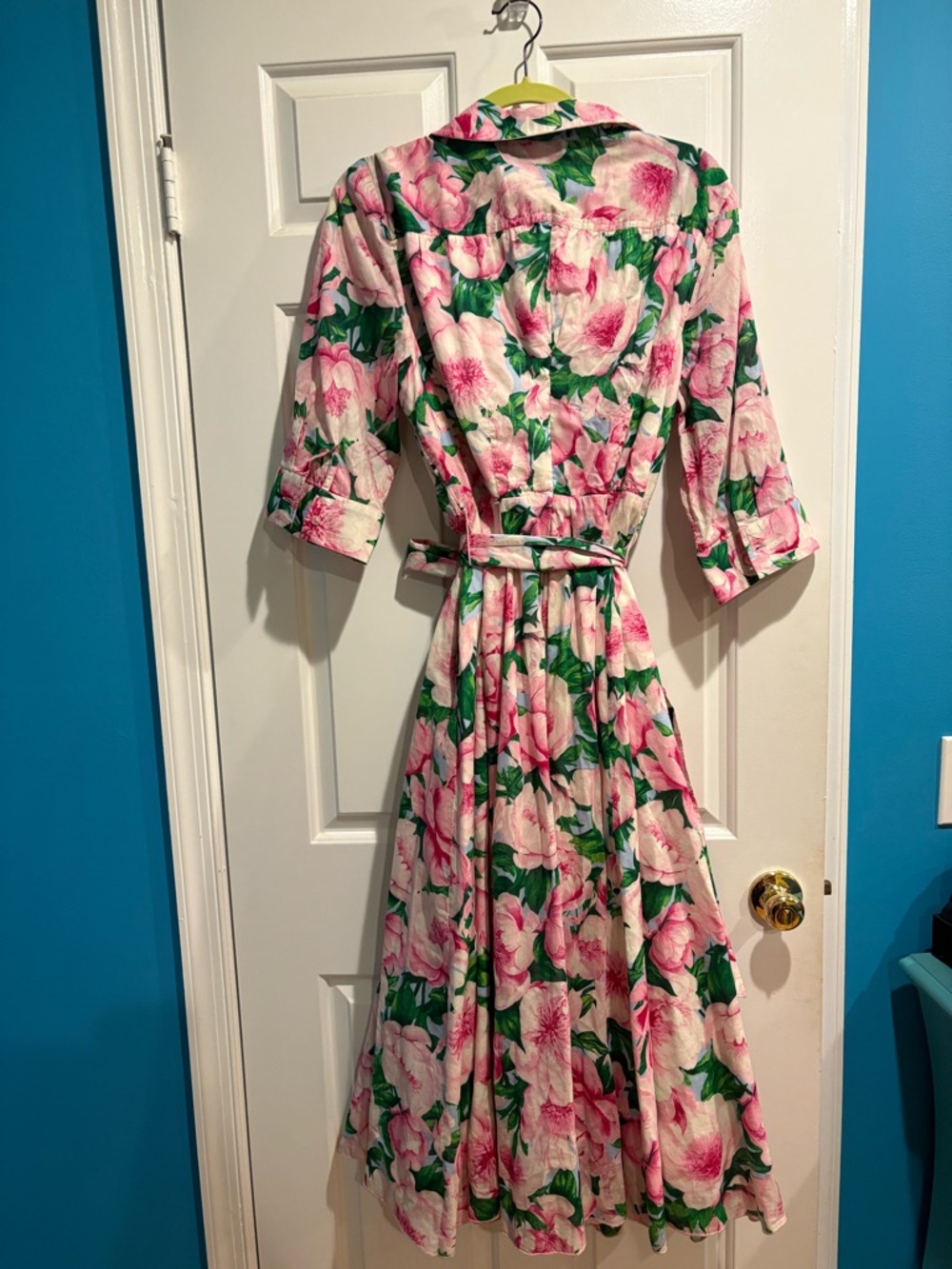 Carla Rockmore  pink peonies  floral cotton shirtdress tie waist XLP - Picture 3 of 7